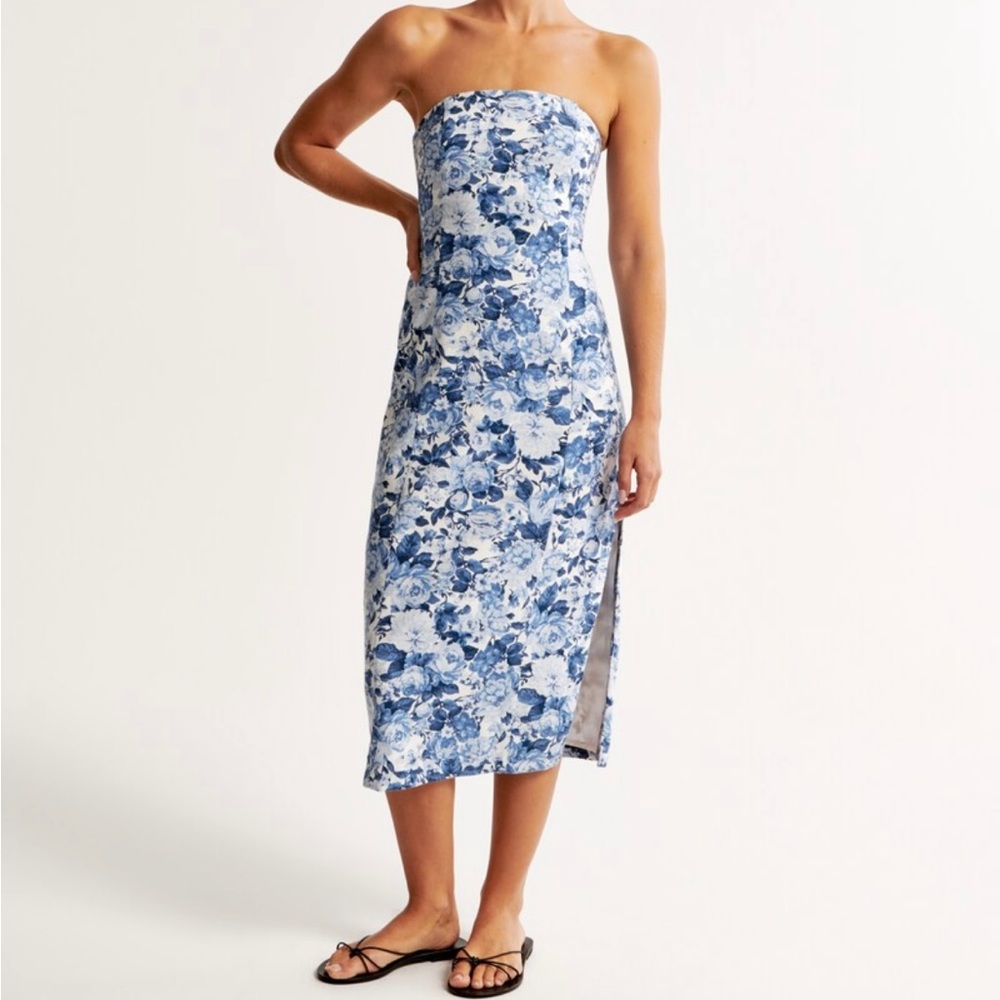 Abercrombie Strapless Linen-Blend Midi Dress in Navy Print